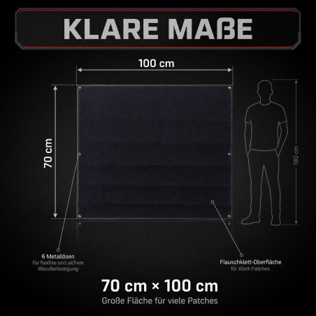 Maße der Zentauron Patchwall 70x100 mit großer Klettfläche für viele Patches