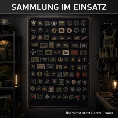 Schwarze Patchwall als Wanddisplay für eine übersichtliche Patch-Sammlung