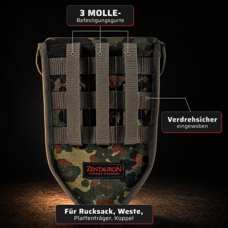 Rückseite der Klappspatentasche MOLLE mit drei Befestigungsgurten und verdrehsicherem PALS-System