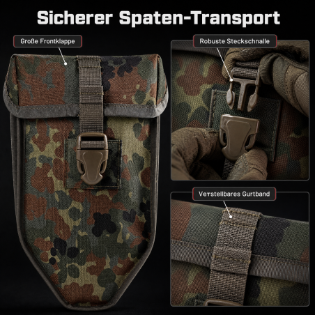 Klappspatentasche für sicheren Spaten-Transport mit großer Frontklappe, Steckschnalle und verstellbarem Gurtband