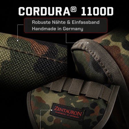 Detailansicht der Klappspatentasche aus CORDURA 1100D mit robusten Nähten, Einfassband und Zentauron Label
