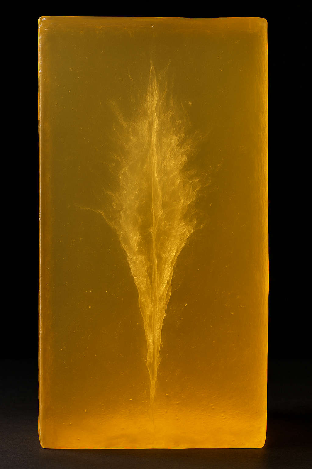 Ballistische Gelatine mit deutlich sichtbarem Geschosskanal – Darstellung der Eindringtiefe eines Projektils ohne schützende Weste.