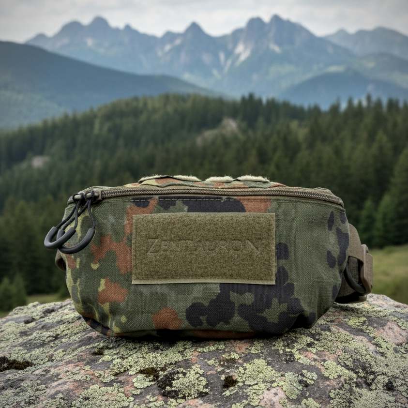 Vorderansicht  der Hüfttasche taktisch in der Farbe Flecktarn vor einer Bergkulisse.